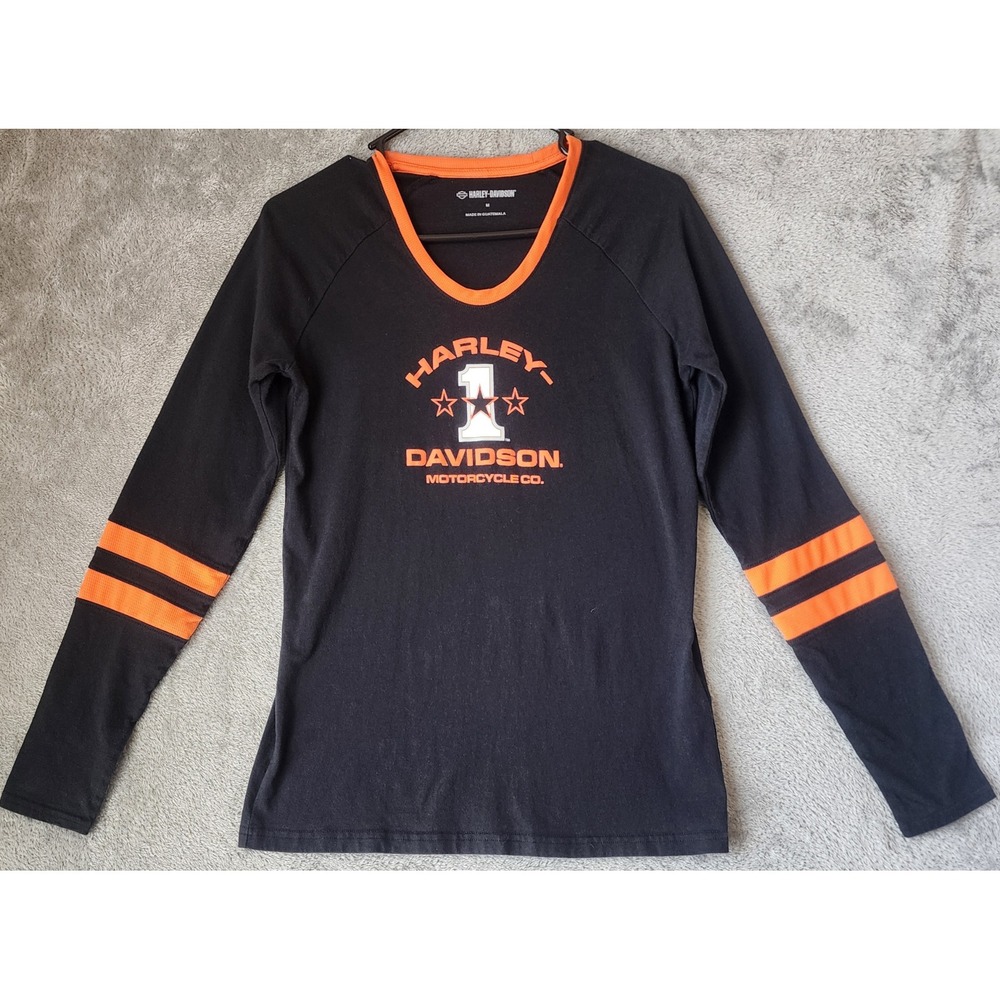Harley-Davidson Tee Shirt Womens Medium Black Orange Graphic Biker Long Sleeve